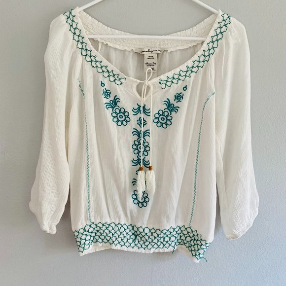 💜American Rag- White Teal Embroidered BOHO Top XL - Picture 2 of 12